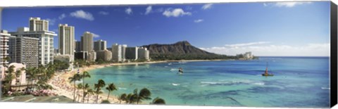 Framed Buildings along the coastline, Diamond Head, Waikiki Beach, Oahu, Honolulu, Hawaii, USA Print