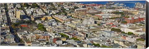 Framed Aerial view of buildings in a city, Columbus Avenue and Fisherman&#39;s Wharf, San Francisco, California, USA Print