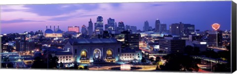 Framed Union Station at sunset with city skyline in background, Kansas City, Missouri Print