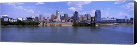 Framed Paul Brown Stadium with John A. Roebling Suspension Bridge along the Ohio River, Cincinnati, Hamilton County, Ohio, USA Print