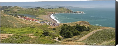 Framed High angle view of a coast, Marin Headlands, Rodeo Cove, San Francisco, Marin County, California, USA Print