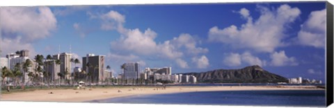 Framed Waikiki Beach with mountain in the background, Diamond Head, Honolulu, Oahu, Hawaii, USA Print