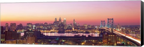 Framed Arial View Of The City At Twilight, Philadelphia, Pennsylvania, USA Print