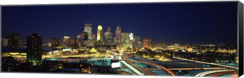 Framed Buildings lit up at night in a city, Minneapolis, Hennepin County, Minnesota, USA Print