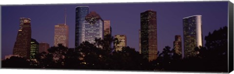 Framed Buildings in a city lit up at dusk, Houston, Harris county, Texas, USA Print