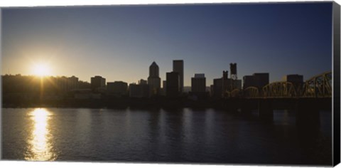 Framed Buildings along the waterfront at sunset, Willamette River, Portland, Oregon, USA Print