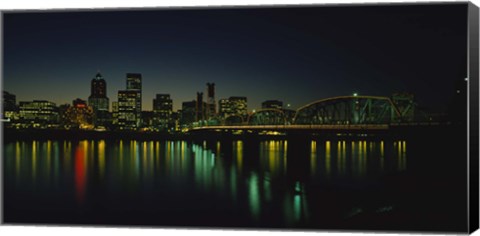 Framed Buildings lit up at night, Willamette River, Portland, Oregon, USA Print