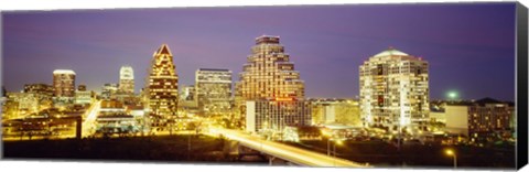 Framed Buildings lit up at dusk, Austin, Texas, USA Print