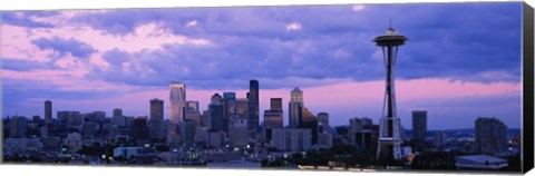 Framed Seattle Skyline with Purple Sky and Clouds Print