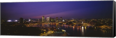 Framed Aerial view of a city lit up at dusk, Baltimore, Maryland, USA Print