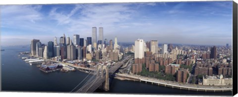 Framed Aerial view of Brooklyn Bridge and Manhattan skyline, New York City, New York State, USA Print