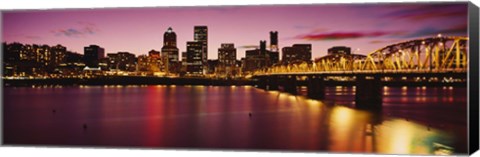 Framed Skyscrapers lit up at sunset, Willamette River, Portland, Oregon, USA Print