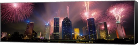 Framed Fireworks Over Buildings In Houston, Texas Print