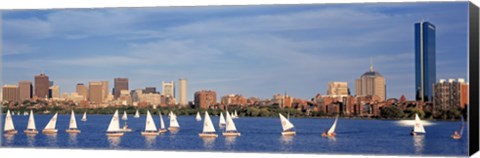 Framed View of boats on a river by a city, Charles River,  Boston Print