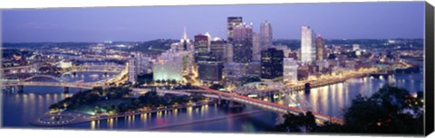 Framed Buildings in a city lit up at dusk, Pittsburgh, Allegheny County, Pennsylvania, USA Print