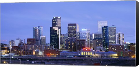 Framed Buildings lit up at dusk, Denver, Colorado Print