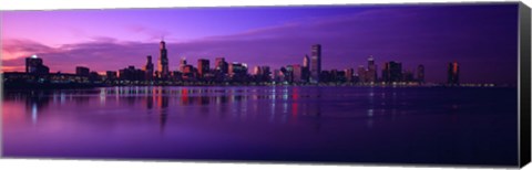 Framed Buildings at the waterfront lit up at dusk, Sears Tower, Hancock Building, Lake Michigan, Chicago, Cook County, Illinois, USA Print