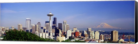 Framed Skyscrapers with mountain in the background, Mt Rainier, Mt Rainier National Park, Space Needle, Seattle, Washington State, USA Print