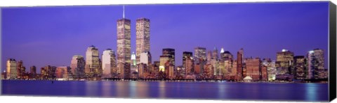 Framed Buildings at the waterfront lit up at dusk, World Trade Center, Wall Street, Manhattan, New York City, New York State, USA Print