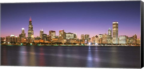 Framed Skyscrapers lit up at night at the waterfront, Lake Michigan, Chicago, Cook County, Illinois, USA Print
