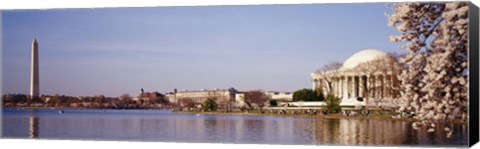 Framed USA, Washington DC, Washington Monument and Jefferson Memorial, Tourists outside the memorial Print