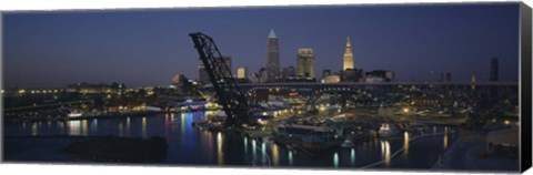 Framed Skyscrapers lit up at night in a city, Cleveland, Ohio, USA Print