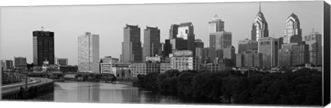 Framed River passing through a city in black and white, Philadelphia, Pennsylvania Print