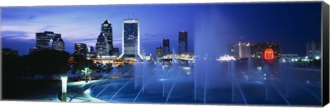 Framed Fountain, Cityscape, Night, Jacksonville, Florida, USA Print