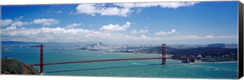 Framed High angle view of a suspension bridge across a bay, Golden Gate Bridge, San Francisco, California, USA Print