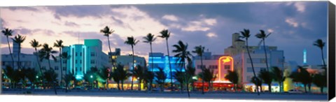 Framed Buildings Lit Up At Dusk, Ocean Drive, Miami Beach, Florida, USA Print