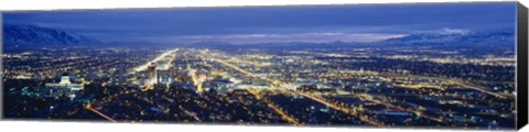 Framed Aerial view of a city lit up at dusk, Salt Lake City, Utah, USA Print