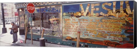 Framed USA, California, San Francisco, Little Italy, Senior man standing outside a bar Print