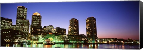 Framed Skyscrapers at the waterfront lit up at night, Boston, Massachusetts, USA Print