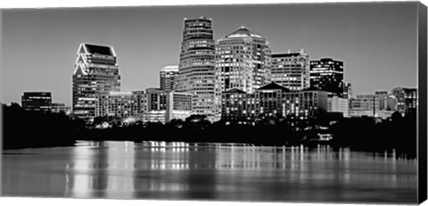 Framed USA, Texas, Austin, Panoramic view of a city skyline (Black And White) Print