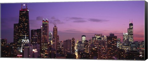 Framed Chicago Buildings lit up at dusk Print