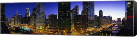 Framed River and Buildings Lit Up At Dusk, Chicago, Illinois Print