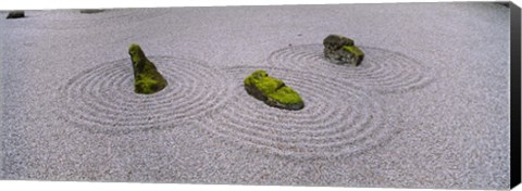 Framed High angle view of moss on three stones in a Zen garden, Washington Park, Portland, Oregon, USA Print