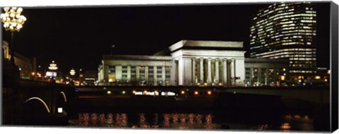 Framed Buildings lit up at night at a railroad station, 30th Street Station, Schuylkill River, Philadelphia, Pennsylvania, USA Print