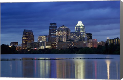 Framed Buildings at the waterfront lit up at dusk, Town Lake, Austin, Texas, USA Print