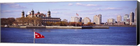 Framed Museum and skyscrapers viewed through a ferry, New Jersey, Ellis Island, New York City, New York State, USA Print