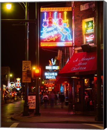 Framed Neon sign lit up at night in a city, Rum Boogie Cafe, Beale Street, Memphis, Shelby County, Tennessee, USA Print