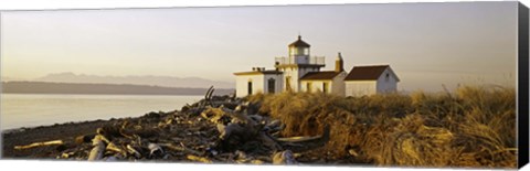 Framed Lighthouse on the beach, West Point Lighthouse, Seattle, King County, Washington State, USA Print