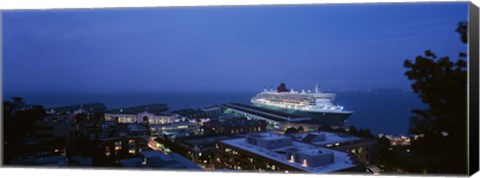 Framed High angle view of a cruise ship at a harbor, RMS Queen Mary 2, San Francisco, California, USA Print