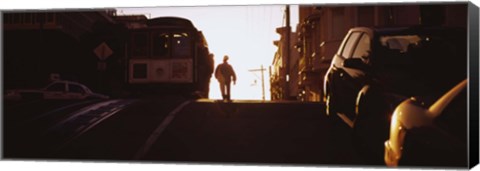 Framed Cable car on the tracks at sunset, San Francisco, California, USA Print