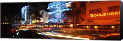 Framed Buildings at the roadside, Ocean Drive, South Beach, Miami Beach, Florida Print