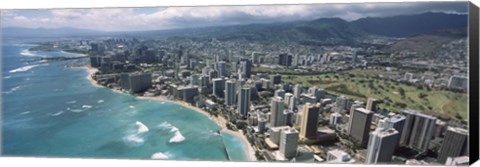 Framed Aerial view of buildings at the waterfront, Waikiki Beach, Honolulu, Oahu, Hawaii, USA Print