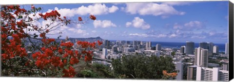 Framed Honolulu Skyline from a Distance (red flowers) Print