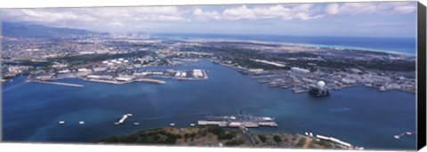 Framed Aerial view of a harbor, Pearl Harbor, Honolulu, Oahu, Hawaii, USA Print