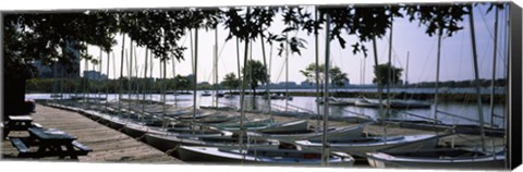 Framed Boats moored at a dock, Charles River, Boston, Suffolk County, Massachusetts, USA Print