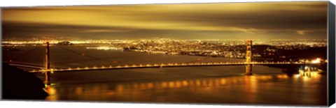 Framed Golden Gate Bridge and San Francisco Skyline Lit Up at Night Print